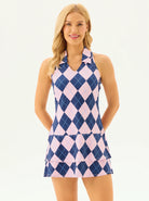 32" Pink and Blue Checkerboard Racerback Sleeveless Dress with Shorts