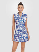 Blue Floral  Quarter-zip Ruffled Sleeveless Dress with Shorts 