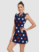 34" White and Red Star Ruffled Sleeveless Active Dress With Shorts 