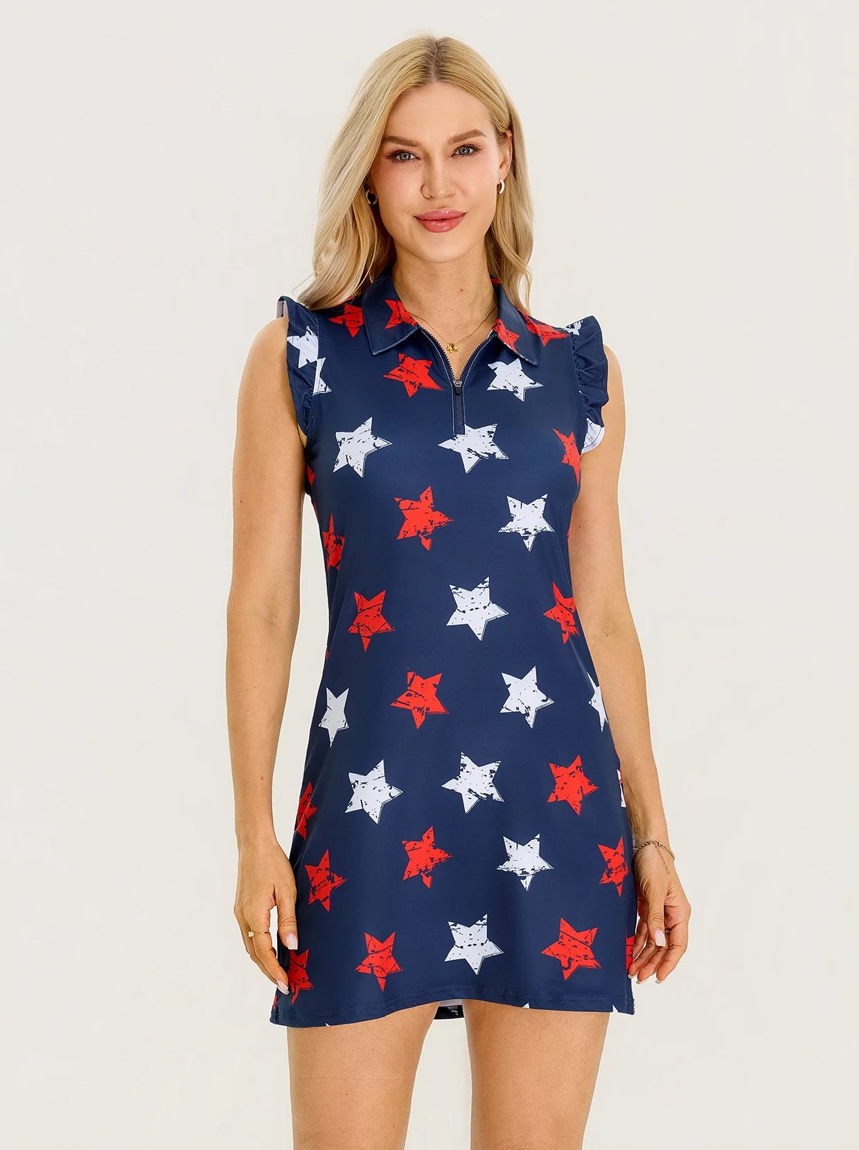 34" Flamingo Quarter-zip Ruffled Sleeveless Active Dress with Shorts