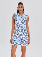 34"Blue Leopard Quarter-zip Ruffled Sleeveless Active Dress