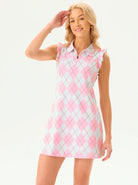 34" Pink Checkerboard Quarter-zip Ruffled Sleeveless Active Dress with Shorts
