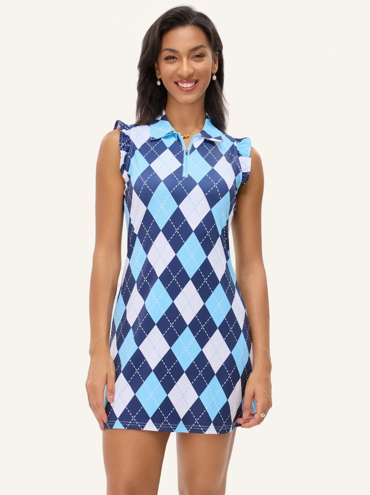 34" Blue Checkerboard Quarter-zip Ruffled Sleeveless Active Dress with Shorts