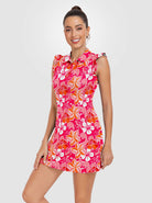 Red Floral Ruffled Sleeveless Active Dress With Shorts