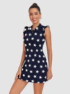 34" White Star Button-Placket Ruffled Sleeveless Dress 