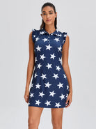 34" White Star Button-Placket Ruffled Sleeveless Dress