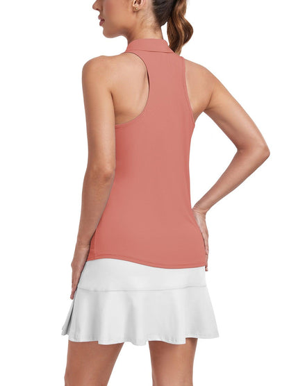 Ladies Sleeveless Golf Polo- 🏌🏿‍♀️SO® Pink  Racerback Golf Polo Shirts Collarless Tennis Tops Quick Dry Athletic Tank Tops