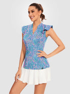 Blue Botanical V-neck Ruffled Short Sleeve-shirt for Women