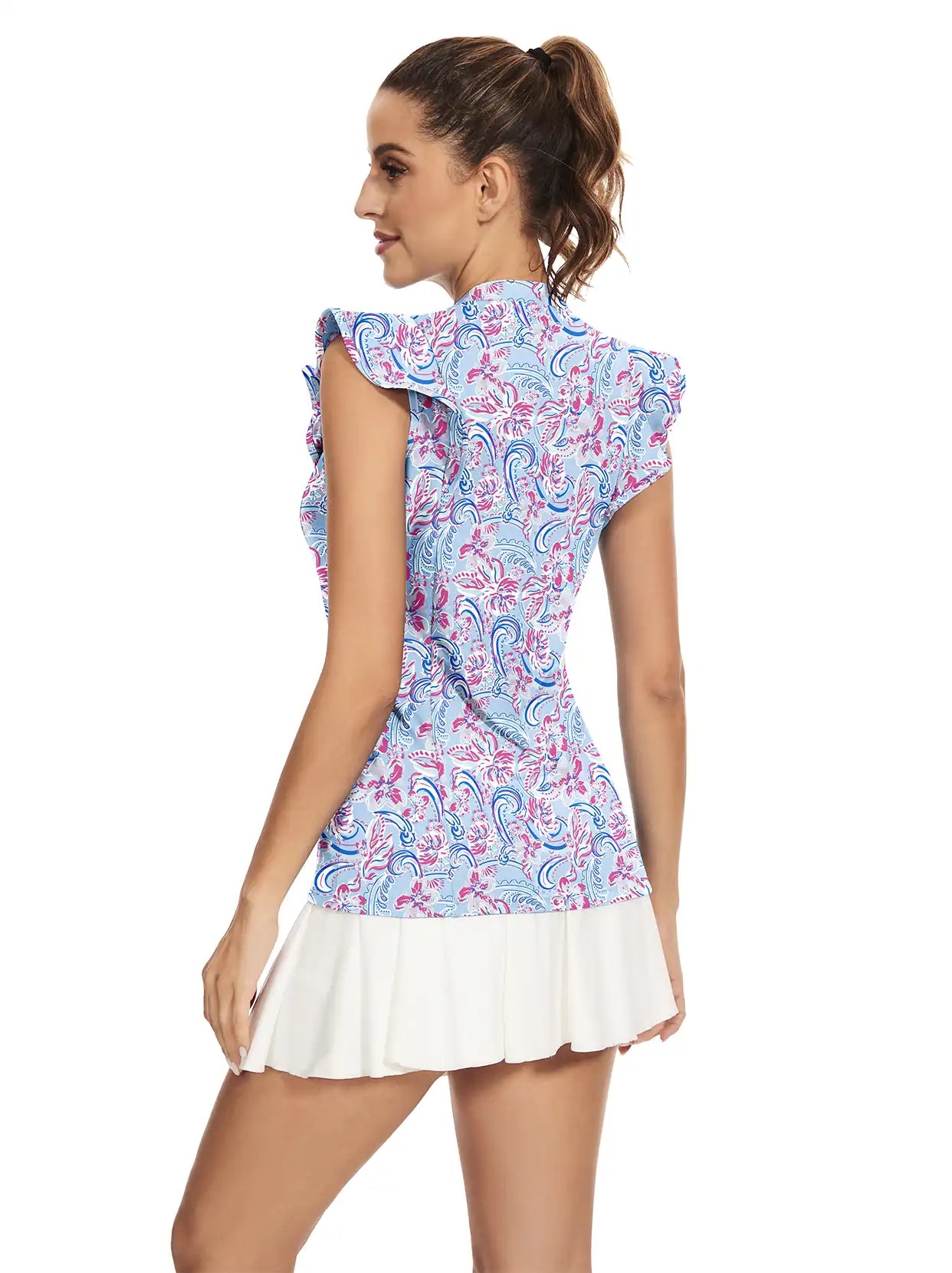 Blue and Pink Floral V-neck Ruffled Short-sleeve Shirt for Women