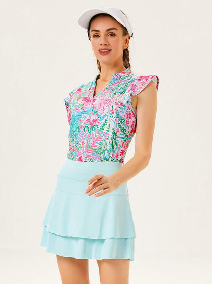 Tropical Flower V-neck Ruffle Sleeve Short Sleeve Shirt - Suitable for Vacation