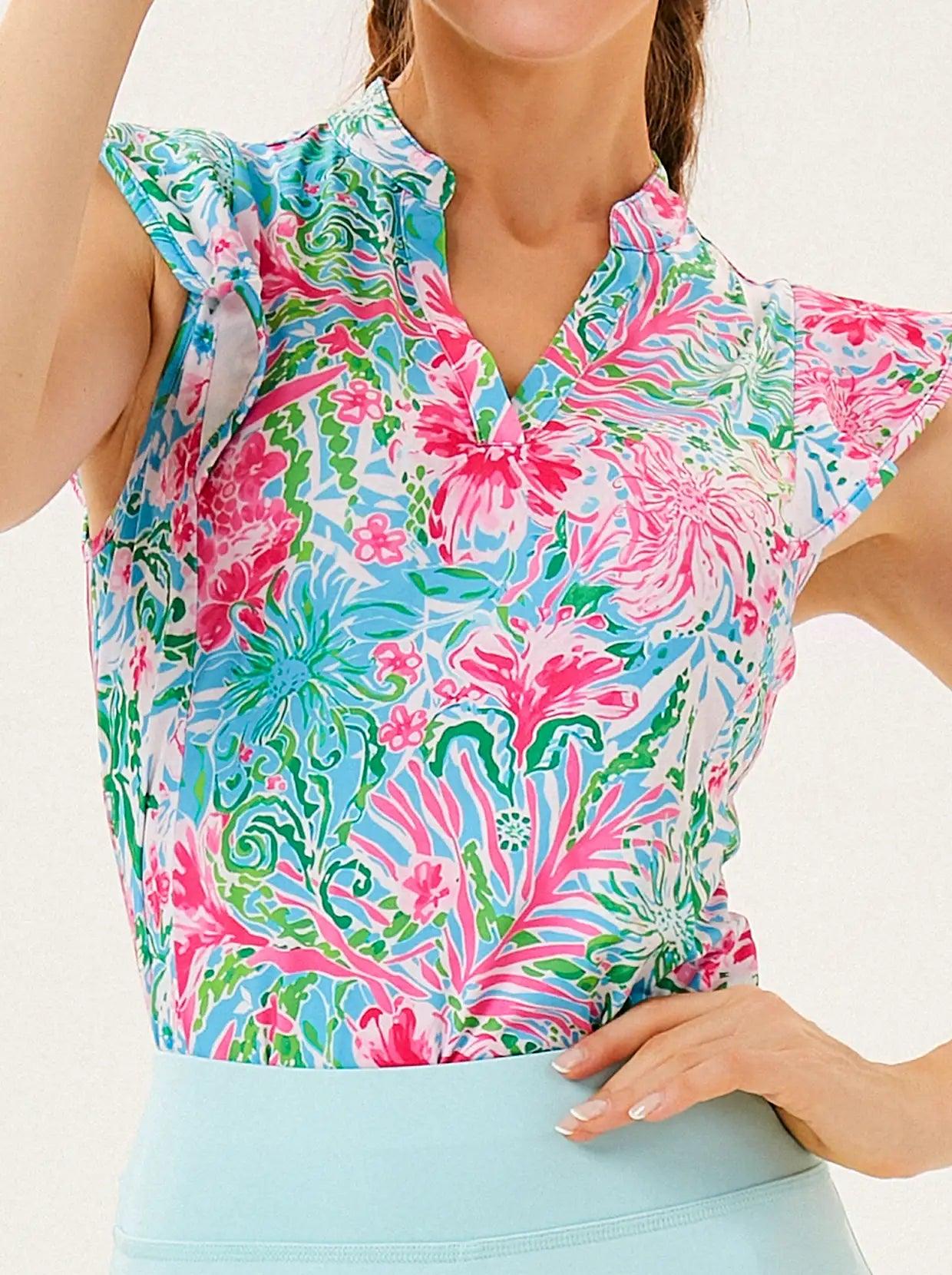 Tropical Flower V-neck Ruffle Sleeve Short Sleeve Shirt - Suitable for Vacation