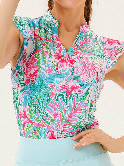 Tropical Flower V-neck Ruffle Sleeve Short Sleeve Shirt - Suitable for Vacation