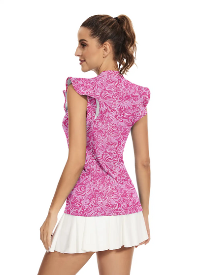 Pink Floral V-neck Ruffled Short Sleeve-shirt for Women