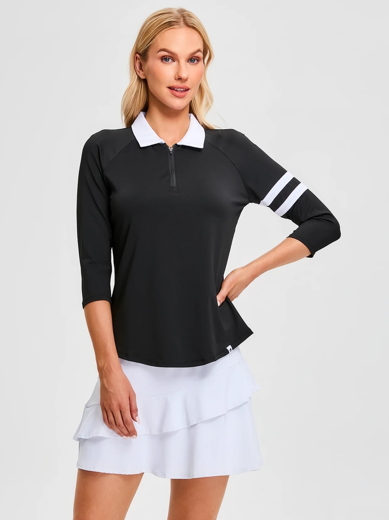 Black Quarter-zip 3/4 Sleeve Golf Polo Shirt for Women