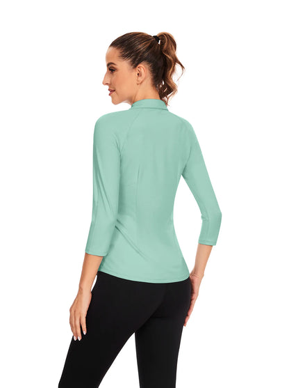 Solid Green Quarter-zip 3/4 Sleeve Golf Polo Shirt For Women