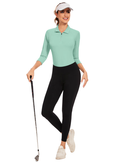 Solid Green Quarter-zip 3/4 Sleeve Golf Polo Shirt For Women