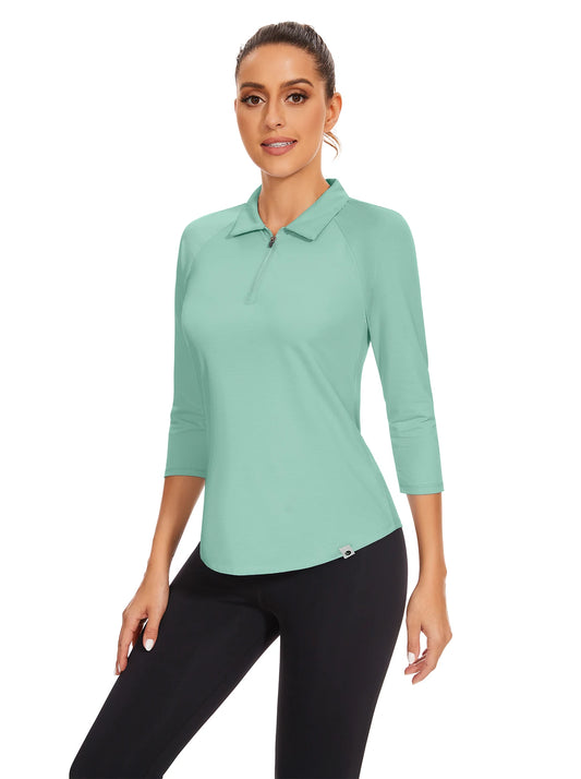 Solid Green  Zipper 3/4 Sleeve Golf Polo Shirt For Women 