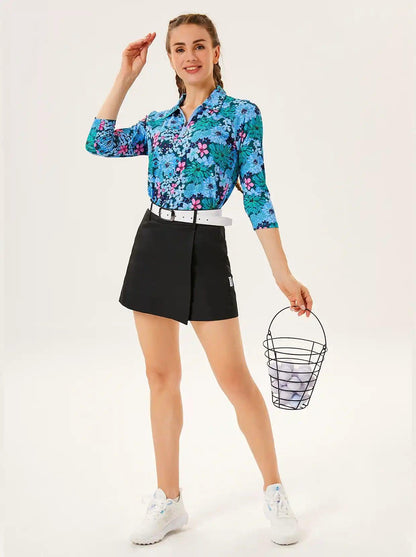 Flower Print 3/4 Sleeve Zipper Polo Shirt For Women