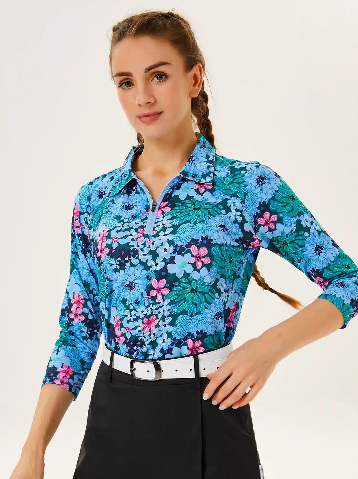 Flower Print 3/4 Sleeve Zipper Polo Shirt For Women