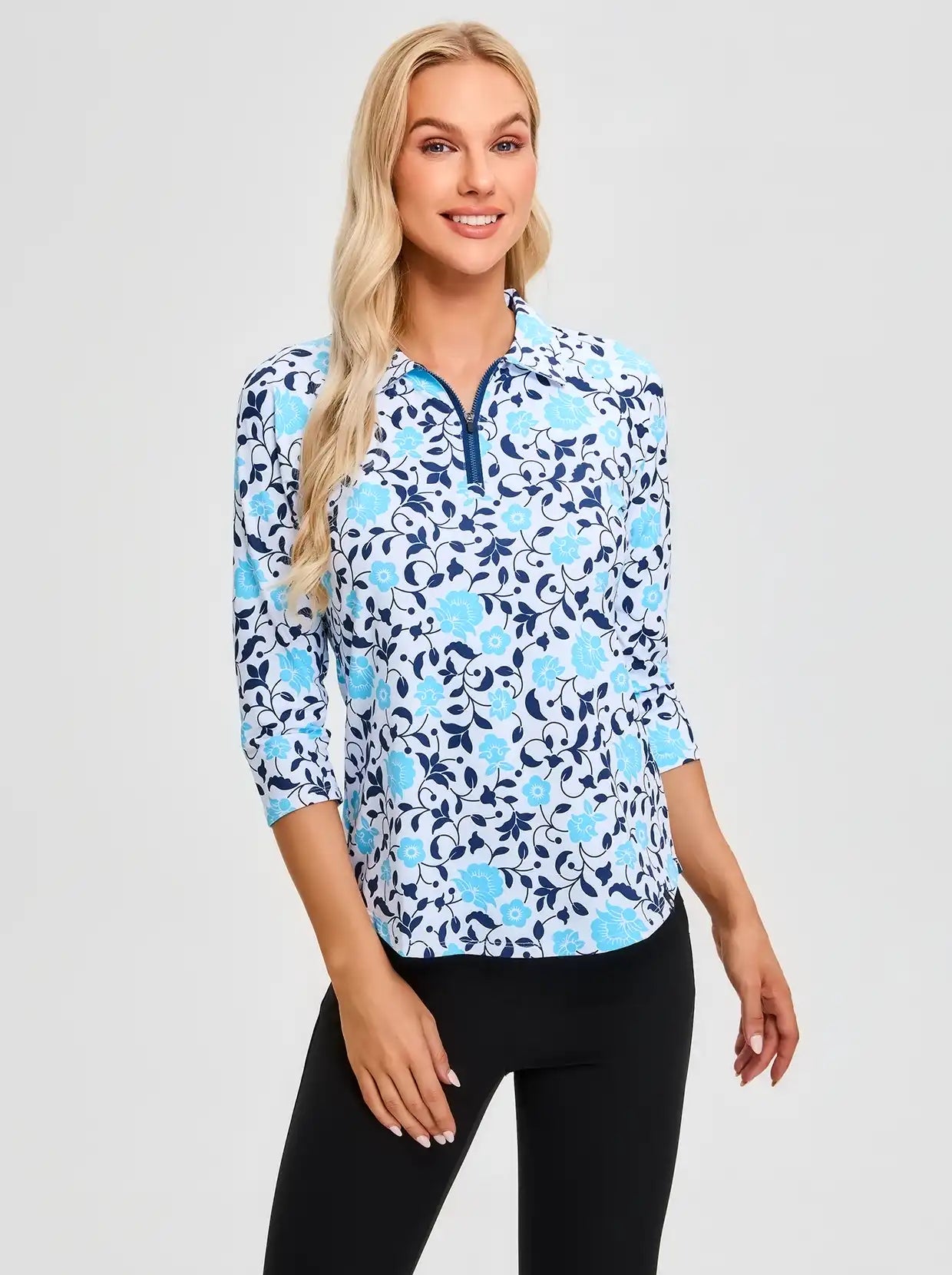 Light Blue Floral Quarter-zip 3/4 Sleeve Golf Polo Shirt for Women