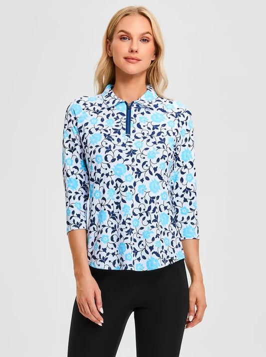 Light Blue Floral Quarter-zip 3/4 Sleeve Golf Polo Shirt for Women