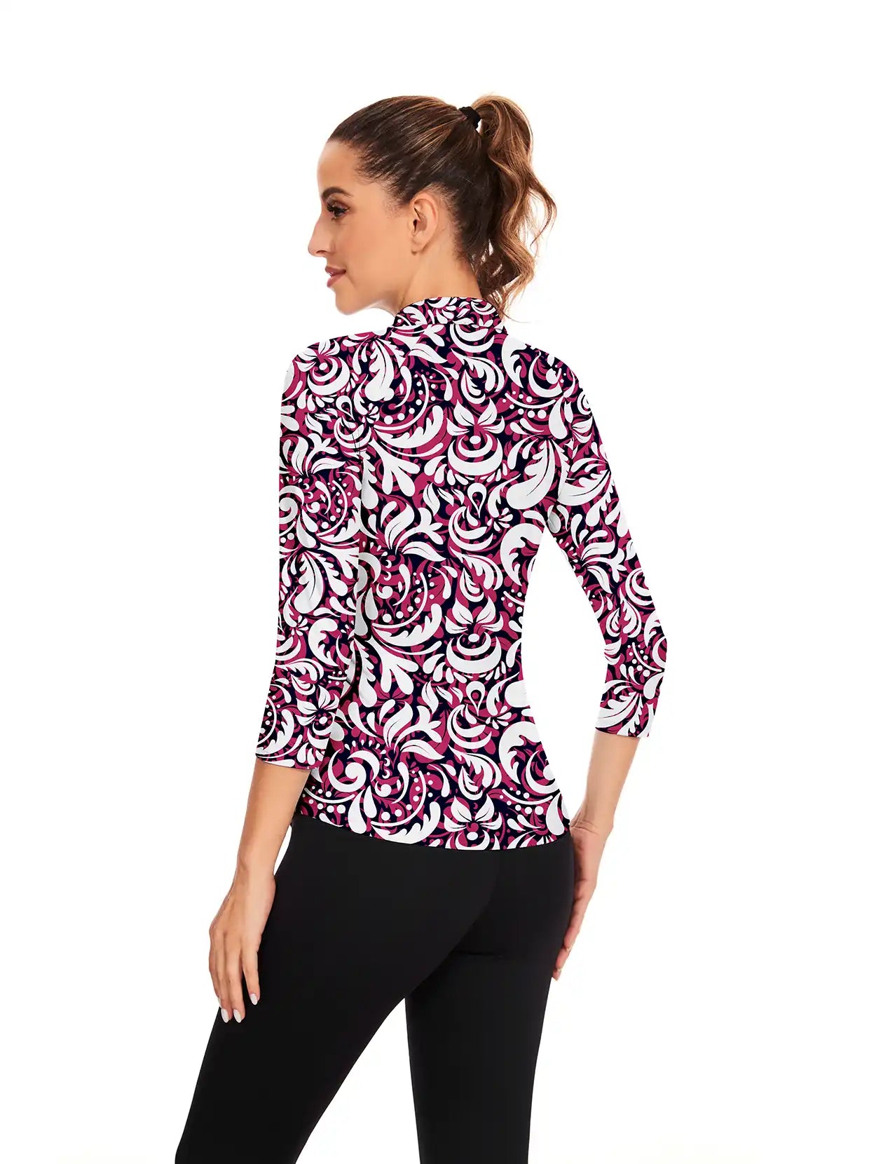 White Print Quarter-zip 3/4 Sleeve Golf Polo Shirt For Women