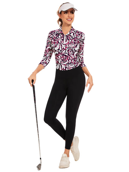 White Print Quarter-zip 3/4 Sleeve Golf Polo Shirt For Women