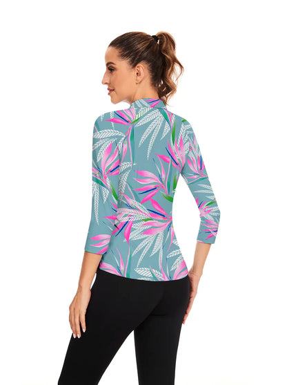 Bird of Paradise Floral Pattern Quarter-zip 3/4 Sleeve Polo Shirt For Women