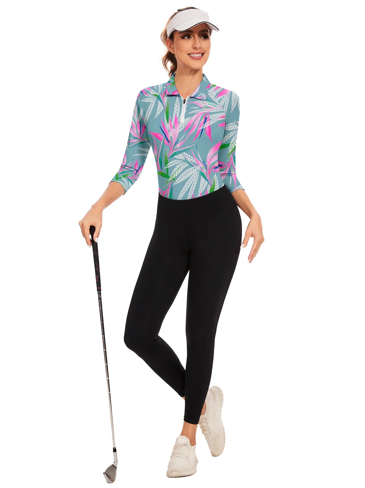 Bird of Paradise Floral Pattern Quarter-zip 3/4 Sleeve Polo Shirt For Women