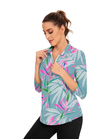 Bird of Paradise Floral Pattern Quarter-zip 3/4 Sleeve Polo Shirt For Women