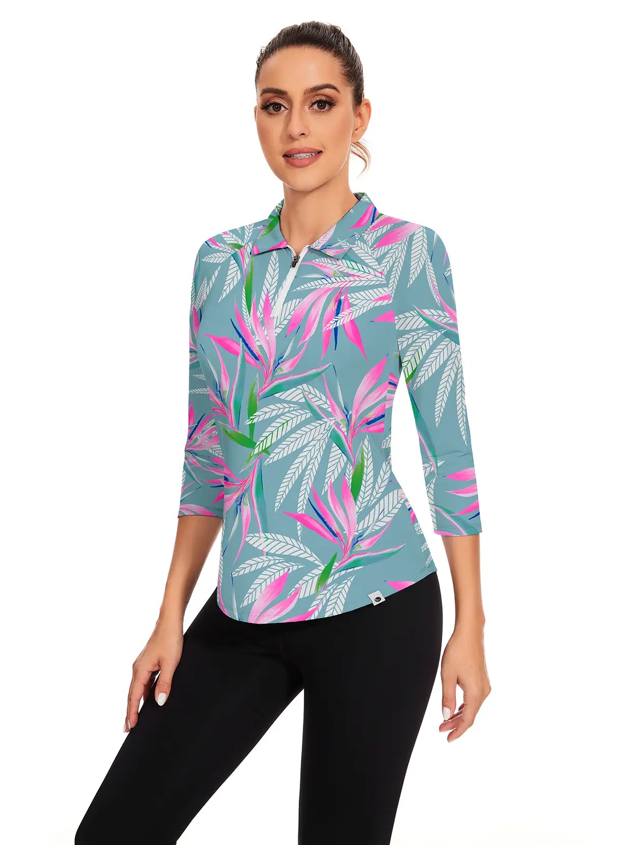 Bird of Paradise Floral Pattern Quarter-zip 3/4 Sleeve Polo Shirt For Women