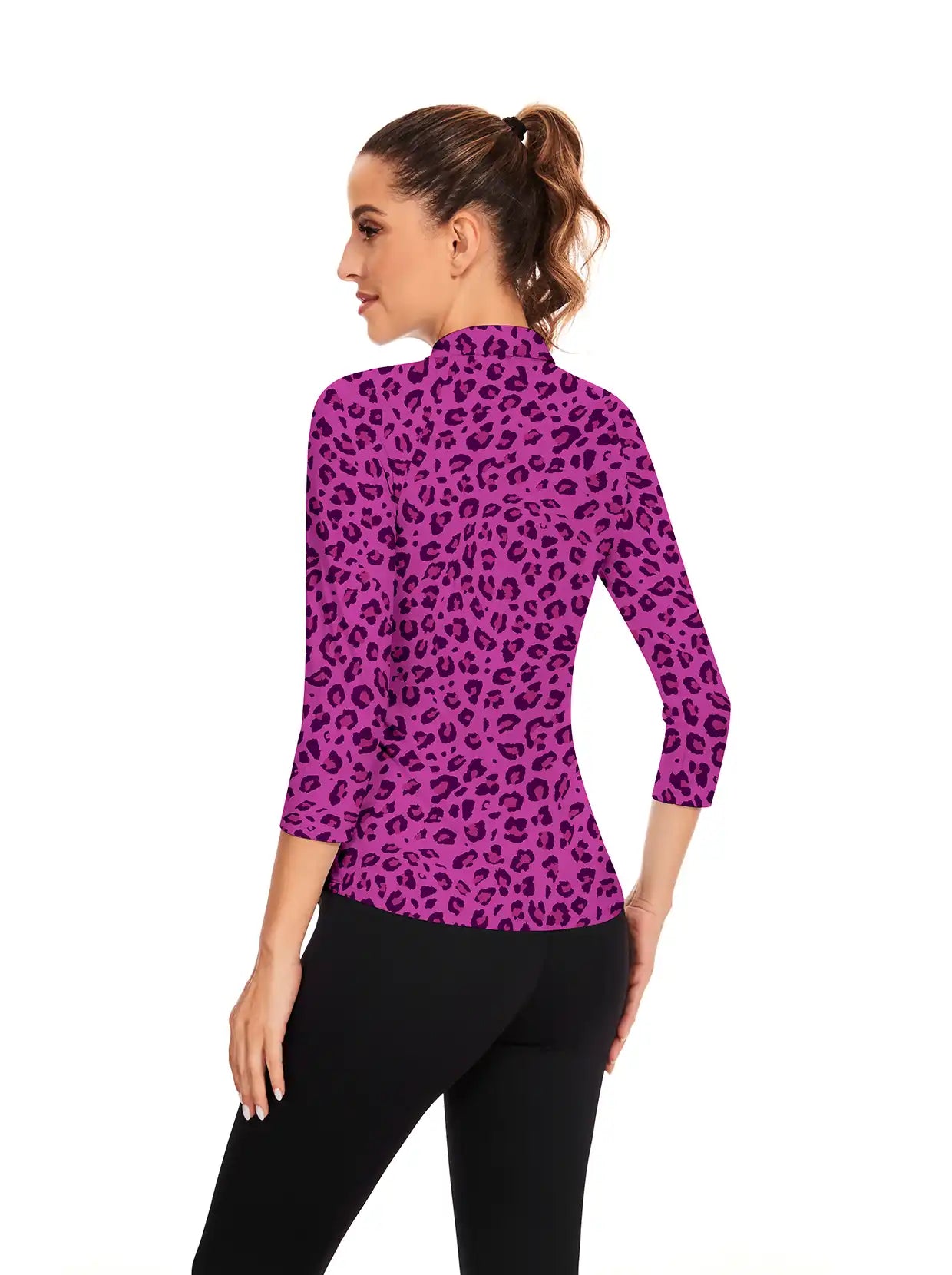 Purple Leopard Quarter-zip 3/4 Sleeve Polo Shirt For Women