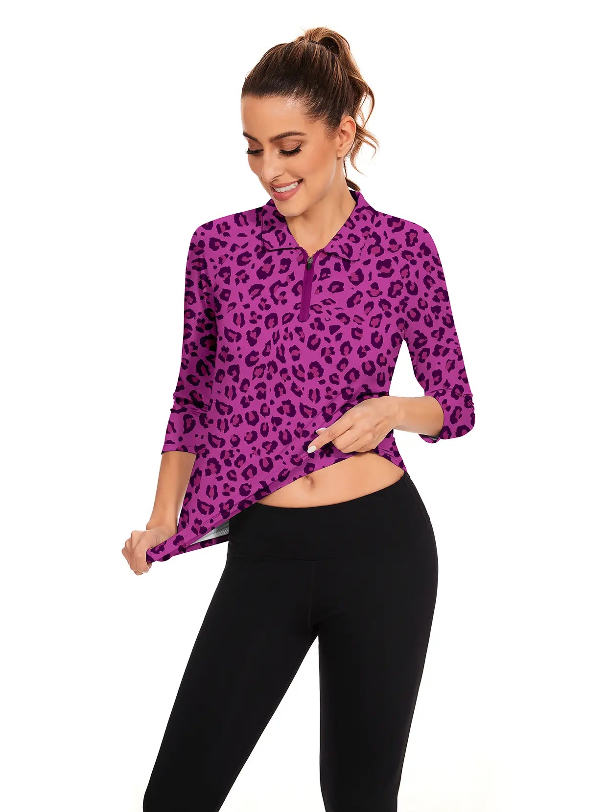 Purple Leopard Quarter-zip 3/4 Sleeve Polo Shirt For Women