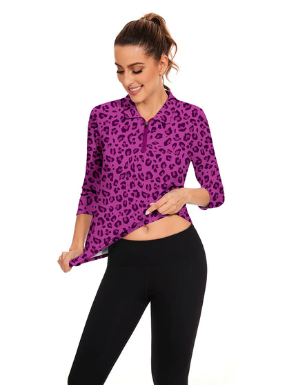 Purple Leopard Quarter-zip 3/4 Sleeve Polo Shirt For Women