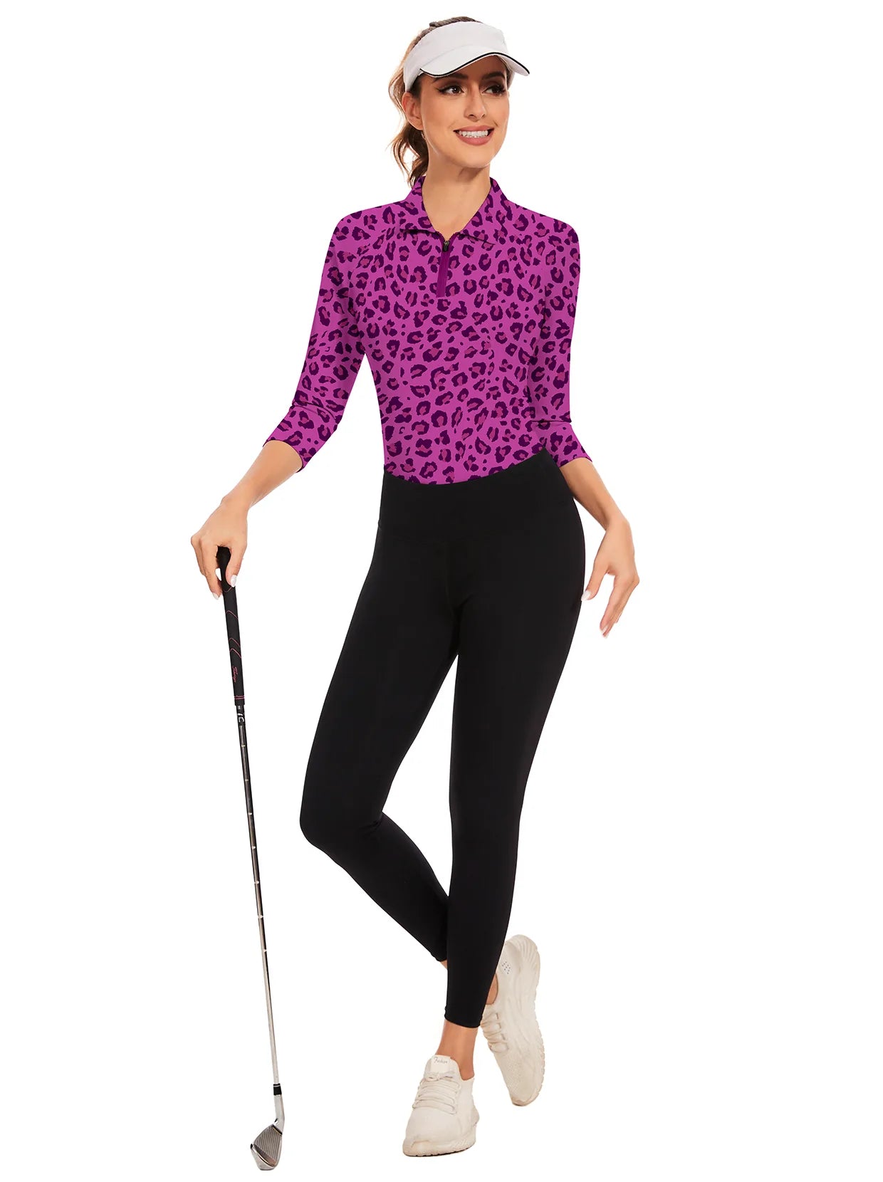 Purple Leopard Quarter-zip 3/4 Sleeve Polo Shirt For Women