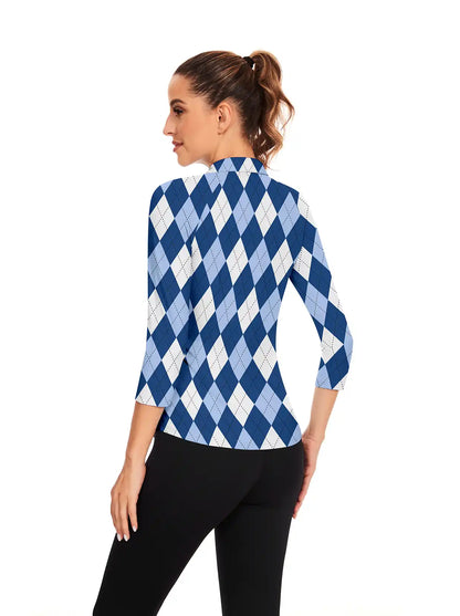 Blue and White Checkerboard Quarter-zip 3/4 Sleeve Polo Shirt For Women