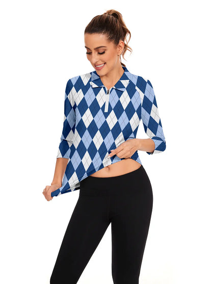 Blue and White Checkerboard Quarter-zip 3/4 Sleeve Polo Shirt For Women