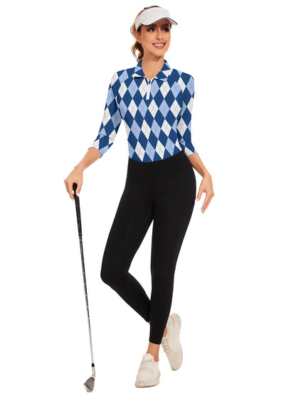 Blue and White Checkerboard Quarter-zip 3/4 Sleeve Polo Shirt For Women