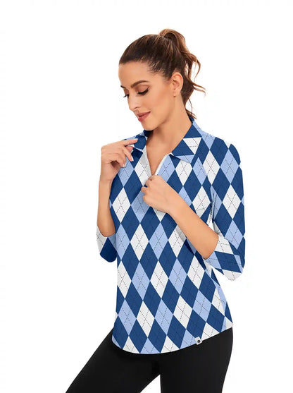 Blue and White Checkerboard Quarter-zip 3/4 Sleeve Polo Shirt For Women