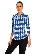 Blue and White Checkerboard Quarter-zip 3/4 Sleeve Polo Shirt For Women 