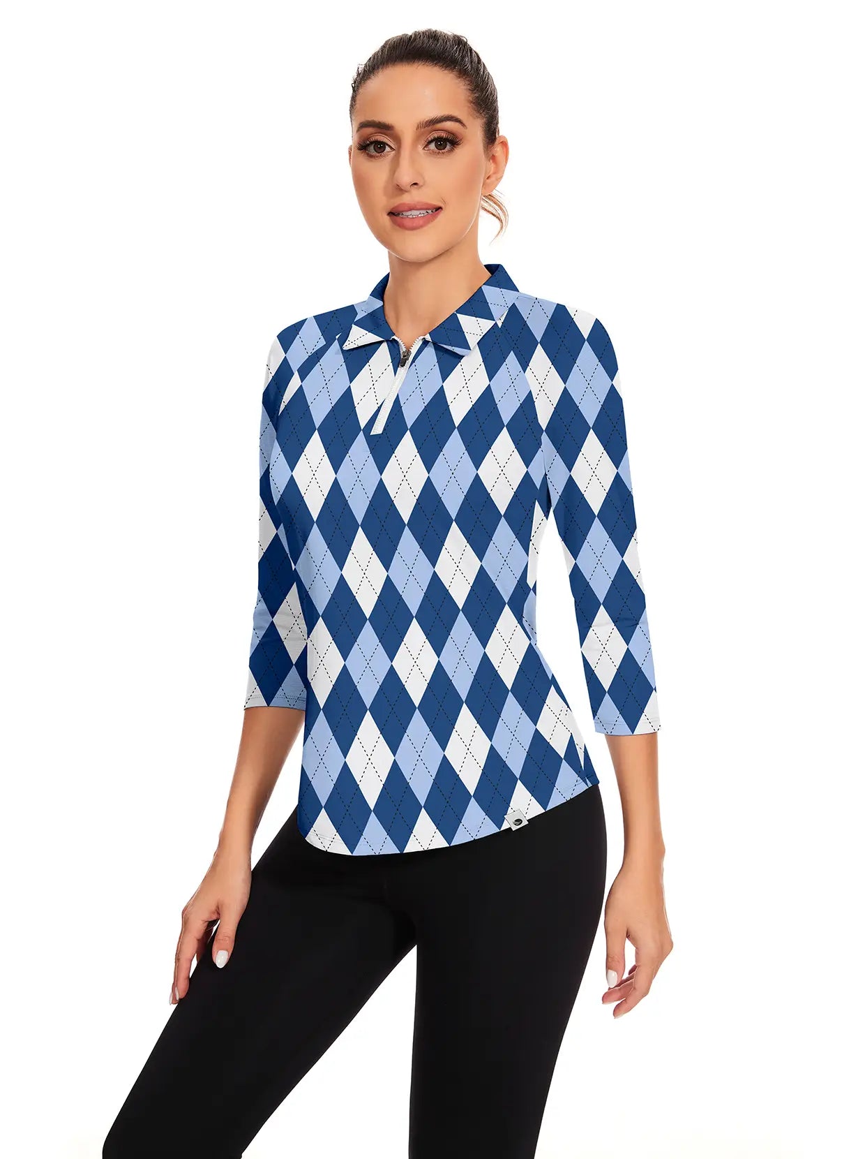 Blue and White Checkerboard Quarter-zip 3/4 Sleeve Polo Shirt For Women 