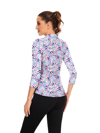 Colorful Leaf Quarter-zip 3/4 Sleeve Polo Shirt For Women