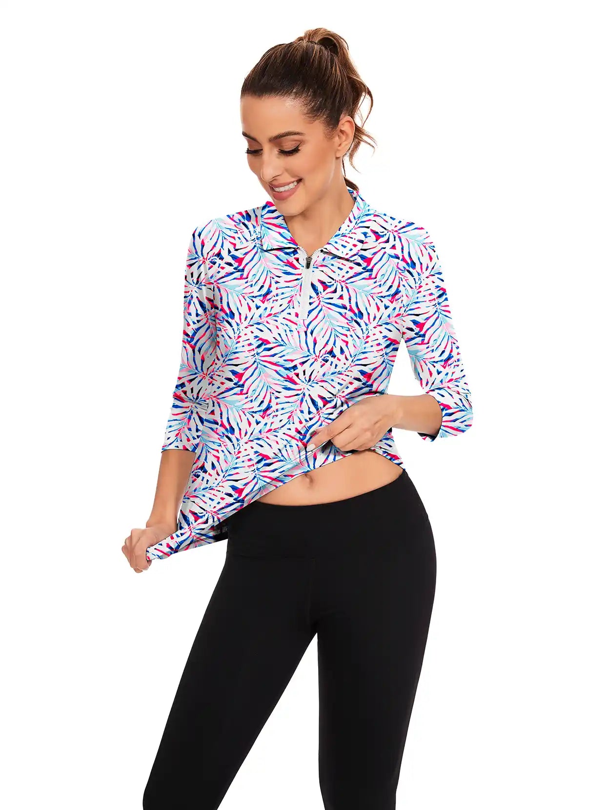 Colorful Leaf Quarter-zip 3/4 Sleeve Polo Shirt For Women