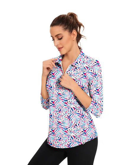 Colorful Leaf Quarter-zip 3/4 Sleeve Polo Shirt For Women