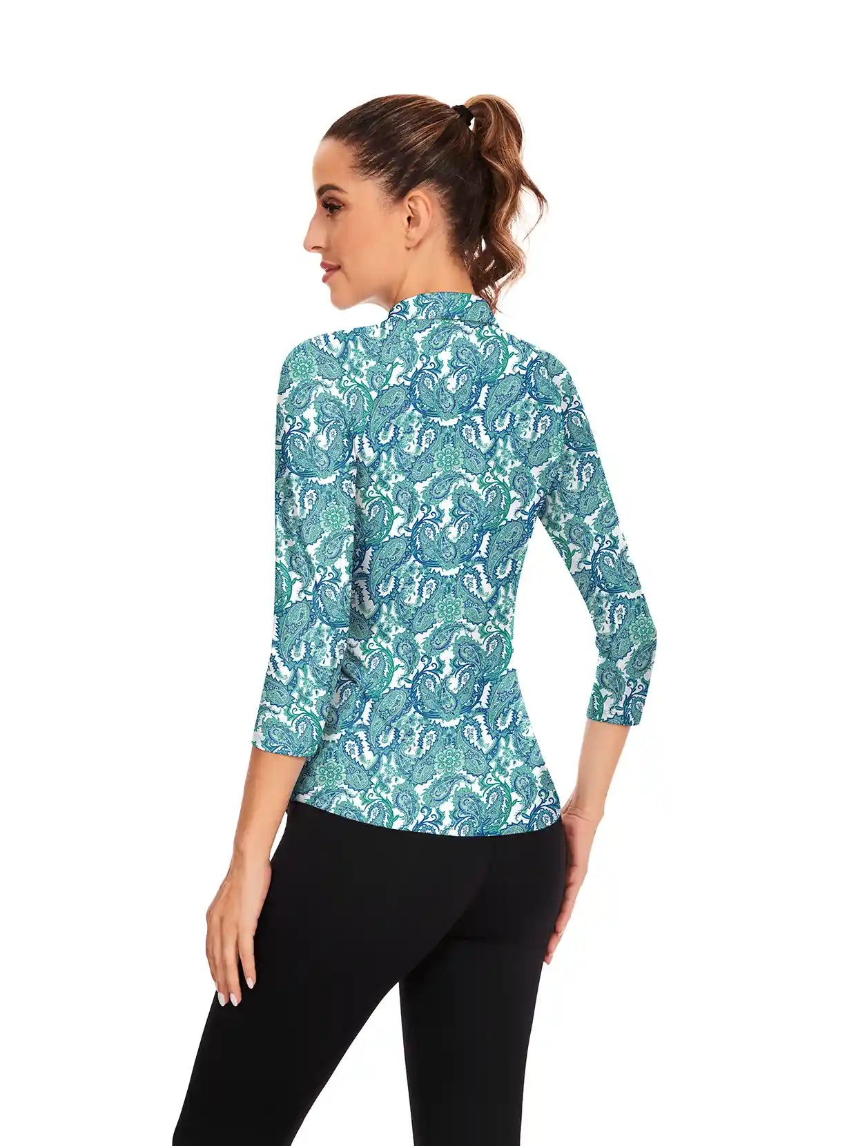 Green Paisley Quarter-zip 3/4 Sleeve Polo Shirt For Women