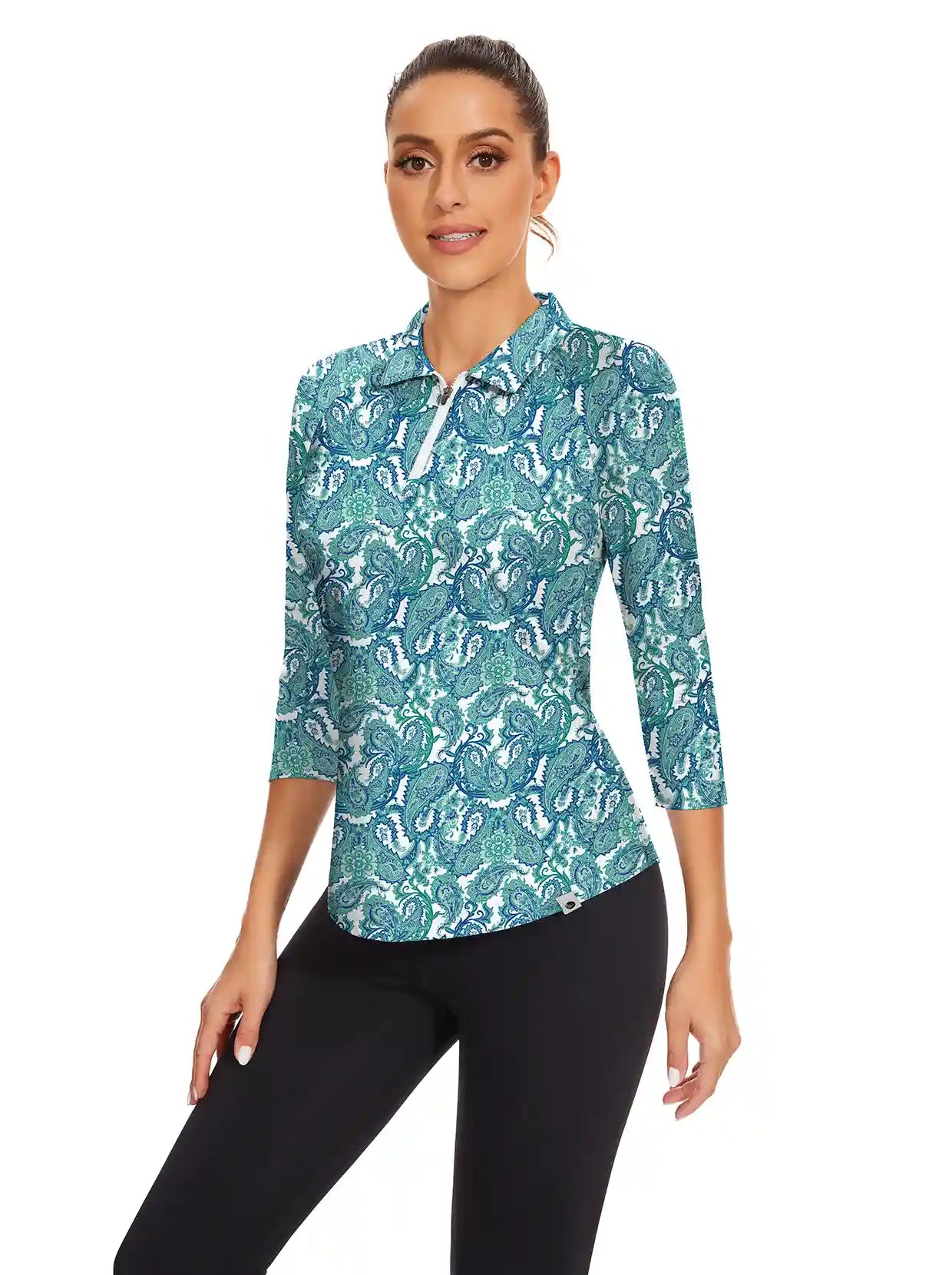 Green Paisely Quarter-zip 3/4 Sleeve Polo Shirt For Women 