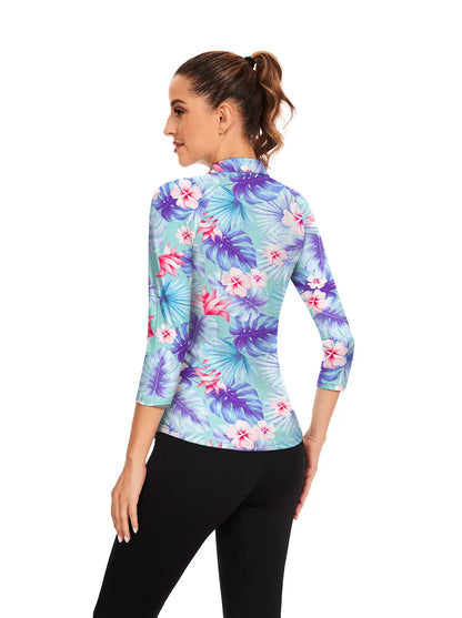 Tropical Floral Quarter-zip 3/4 Sleeve Polo Shirt For Women