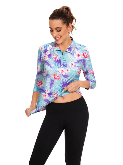 Tropical Floral Quarter-zip 3/4 Sleeve Polo Shirt For Women