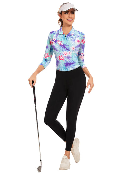 Tropical Floral Quarter-zip 3/4 Sleeve Polo Shirt For Women