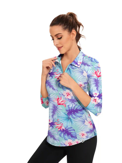 Tropical Floral Quarter-zip 3/4 Sleeve Polo Shirt For Women